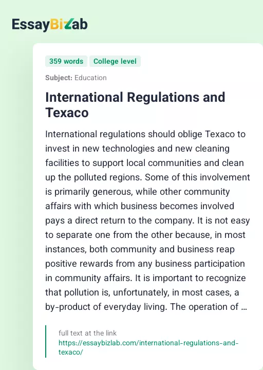 International Regulations and Texaco - Essay Preview