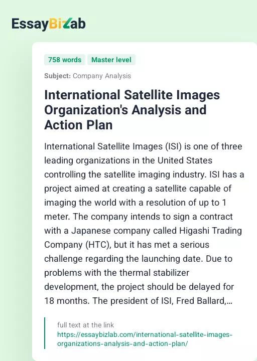 International Satellite Images Organization's Analysis and Action Plan - Essay Preview