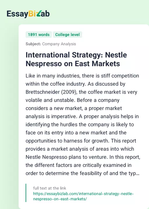 International Strategy: Nestle Nespresso on East Markets - Essay Preview