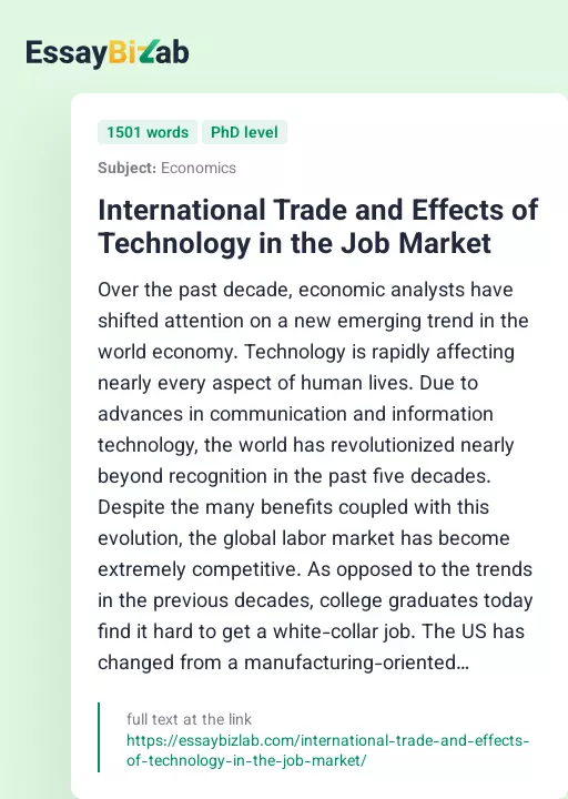 International Trade and Effects of Technology in the Job Market - Essay Preview