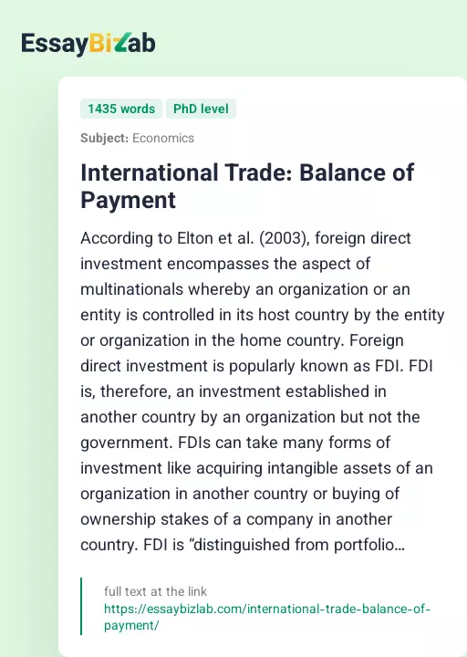 International Trade: Balance of Payment - Essay Preview