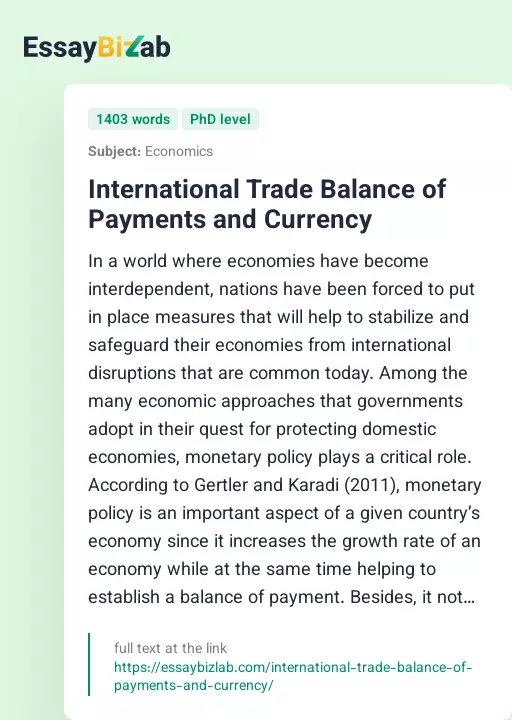 International Trade Balance of Payments and Currency - Essay Preview