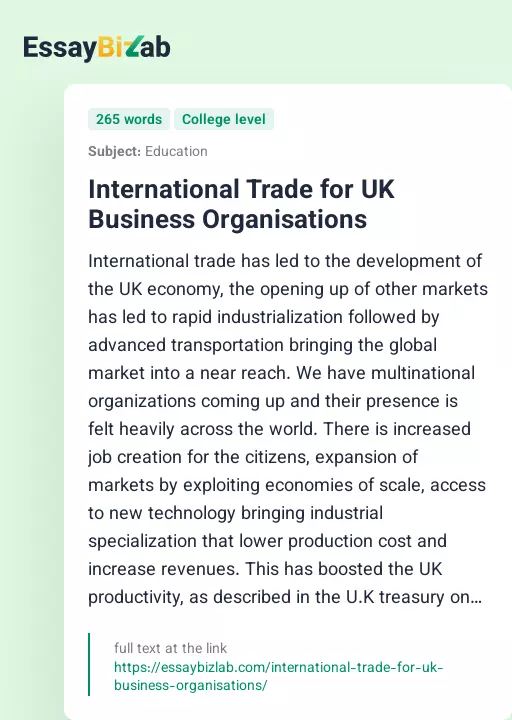 International Trade for UK Business Organisations - Essay Preview