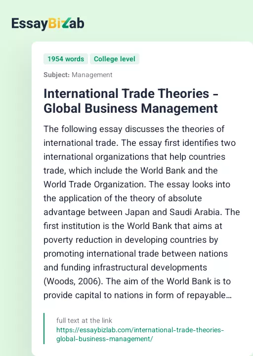 International Trade Theories - Global Business Management - Essay Preview