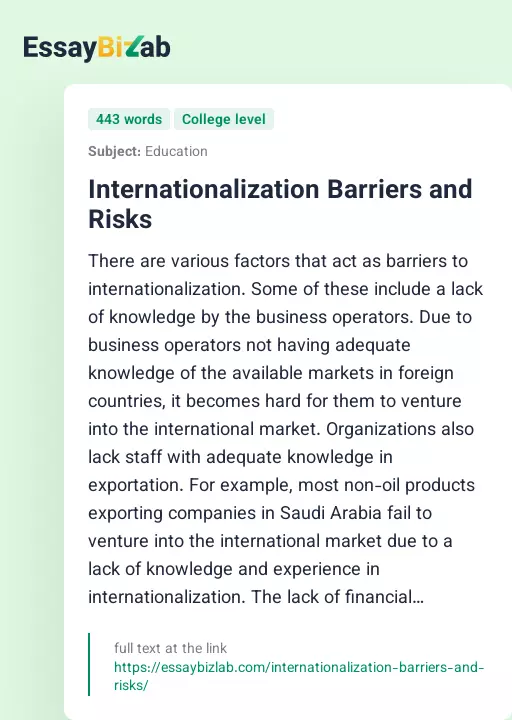 Internationalization Barriers and Risks - Essay Preview