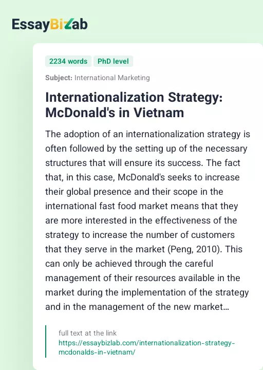 Internationalization Strategy: McDonald's in Vietnam - Essay Preview