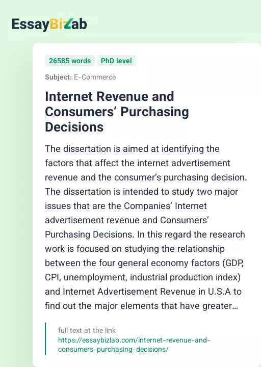 Internet Revenue and Consumers’ Purchasing Decisions - Essay Preview