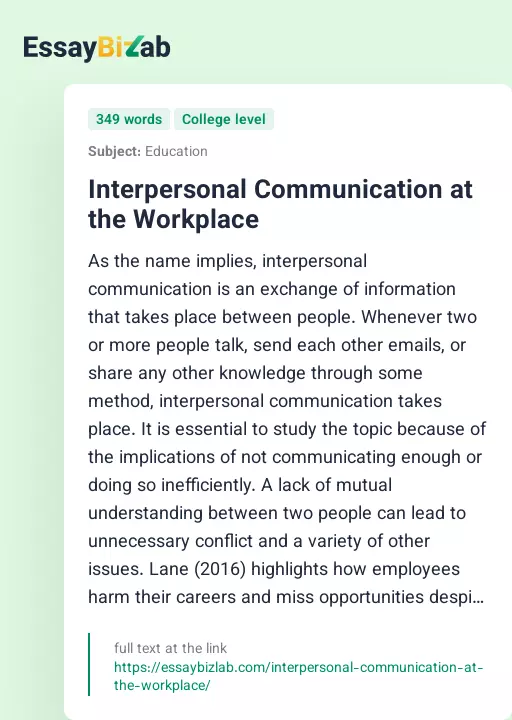 Interpersonal Communication at the Workplace - Essay Preview