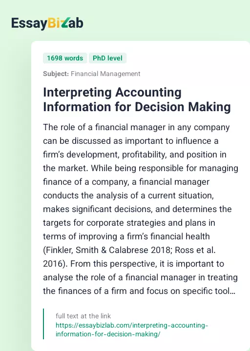 Interpreting Accounting Information for Decision Making - Essay Preview