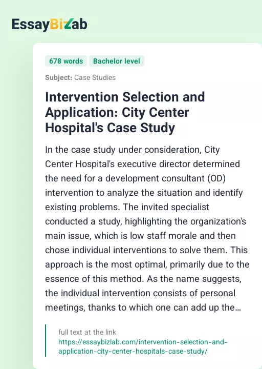 Intervention Selection and Application: City Center Hospital's Case Study - Essay Preview