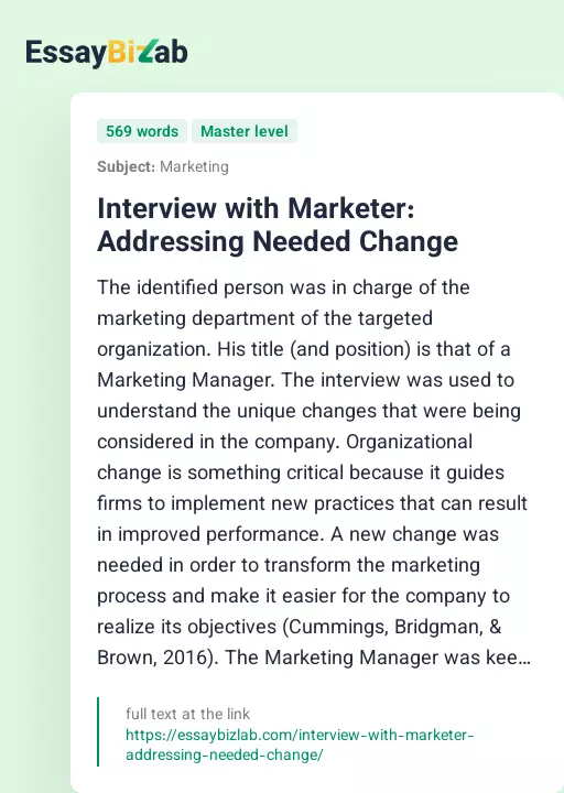 Interview with Marketer: Addressing Needed Change - Essay Preview