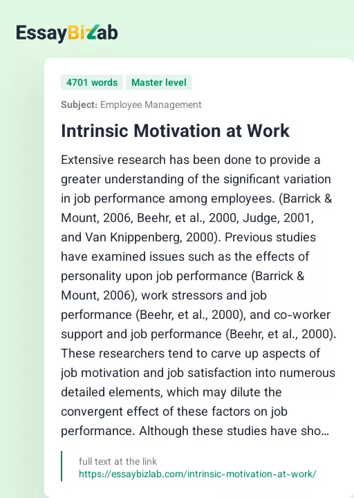 Intrinsic Motivation at Work - Essay Preview