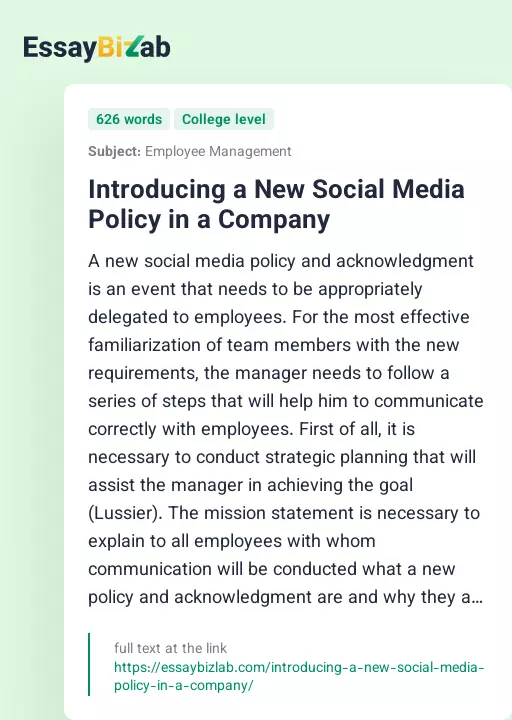 Introducing a New Social Media Policy in a Company - Essay Preview