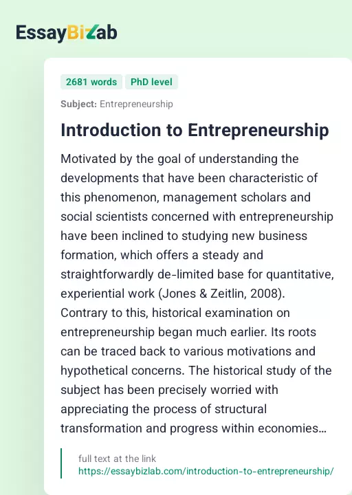 Introduction to Entrepreneurship - Essay Preview