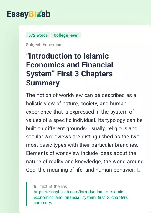 “Introduction to Islamic Economics and Financial System” First 3 Chapters Summary - Essay Preview