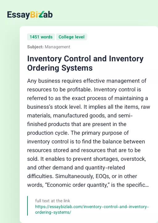 Inventory Control and Inventory Ordering Systems - Essay Preview