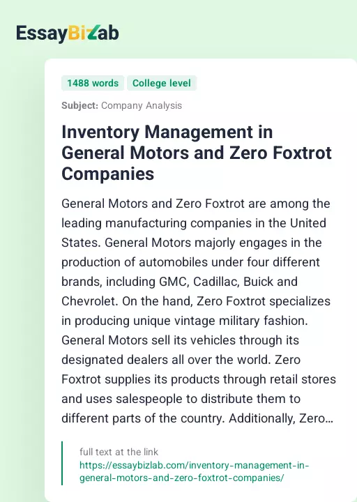 Inventory Management in General Motors and Zero Foxtrot Companies - Essay Preview