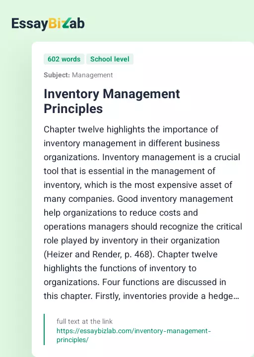 Inventory Management Principles - Essay Preview