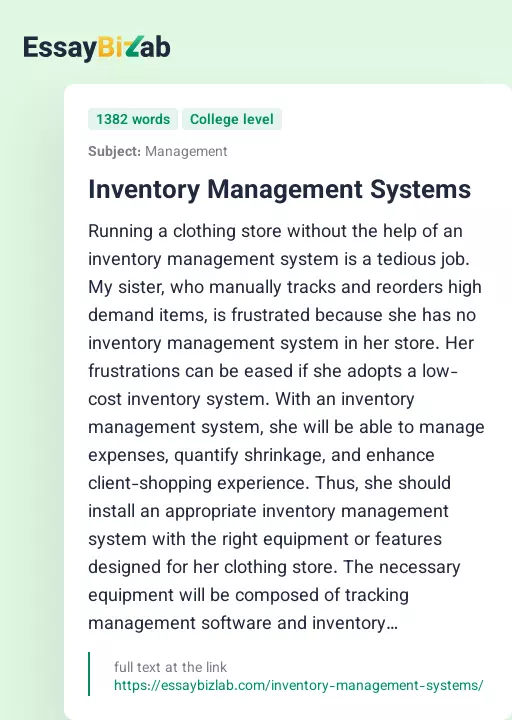 Inventory Management Systems - Essay Preview