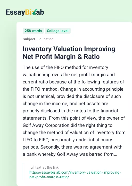 Inventory Valuation Improving Net Profit Margin & Ratio - Essay Preview