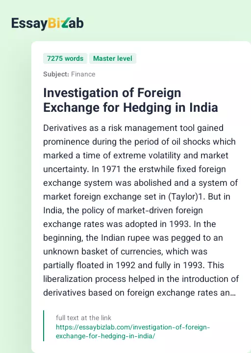 Investigation of Foreign Exchange for Hedging in India - Essay Preview