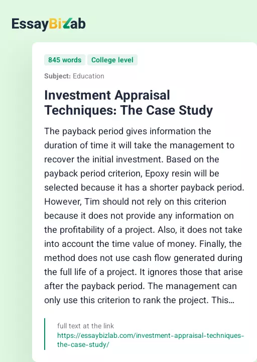 Investment Appraisal Techniques: The Case Study - Essay Preview