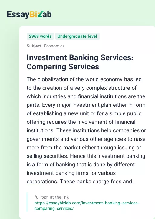Investment Banking Services: Comparing Services - Essay Preview
