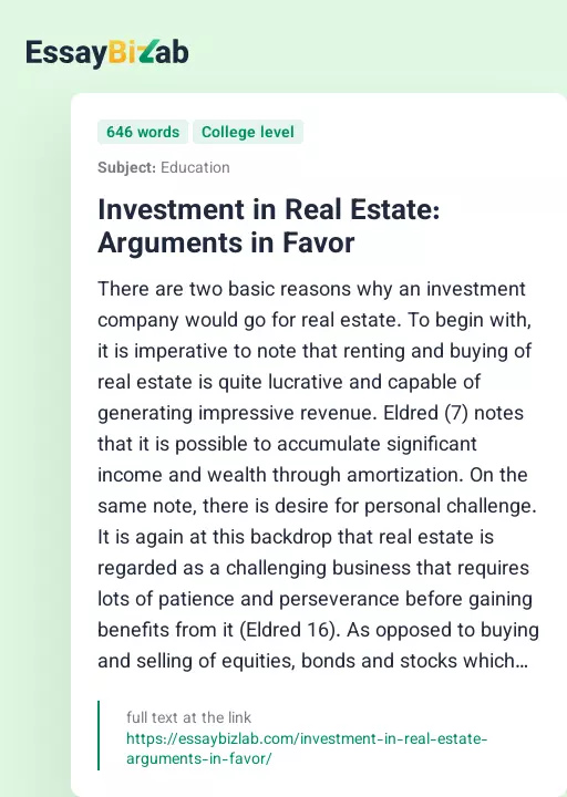 Investment in Real Estate: Arguments in Favor - Essay Preview