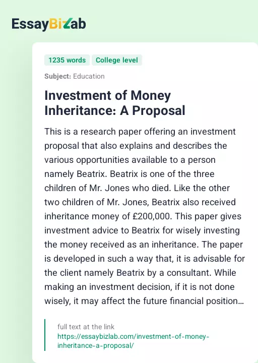 Investment of Money Inheritance: A Proposal - Essay Preview