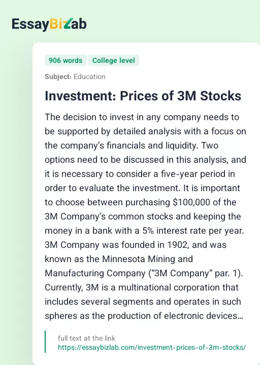 Investment: Prices of 3M Stocks - Essay Preview