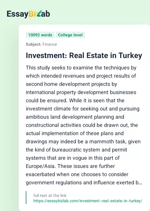 Investment: Real Estate in Turkey - Essay Preview