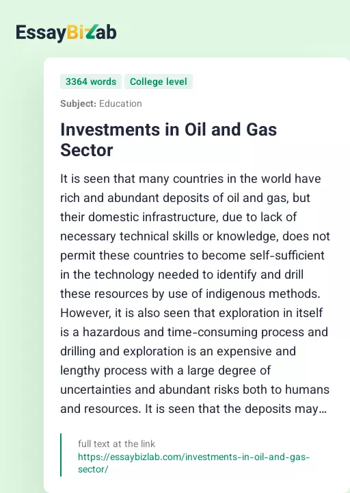Investments in Oil and Gas Sector - Essay Preview