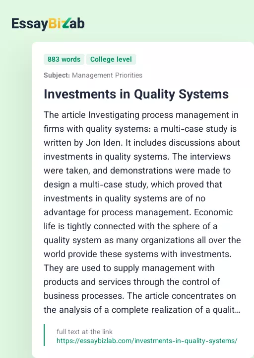 Investments in Quality Systems - Essay Preview