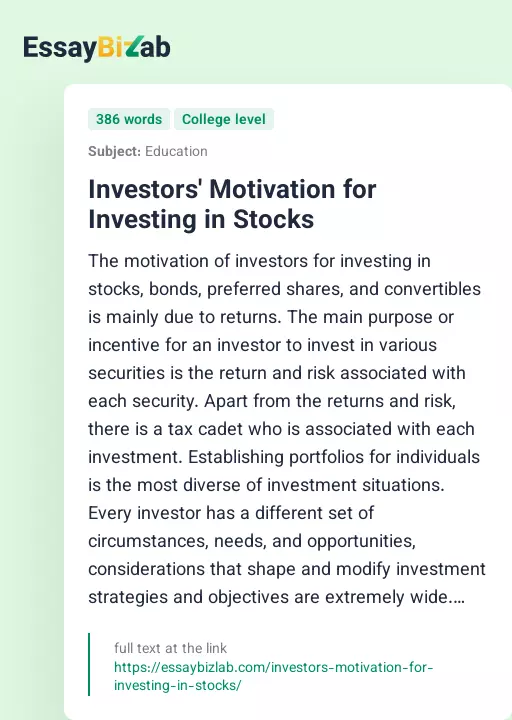 Investors' Motivation for Investing in Stocks - Essay Preview