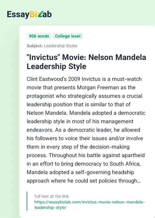 "Invictus" Movie: Nelson Mandela Leadership Style - Essay Preview