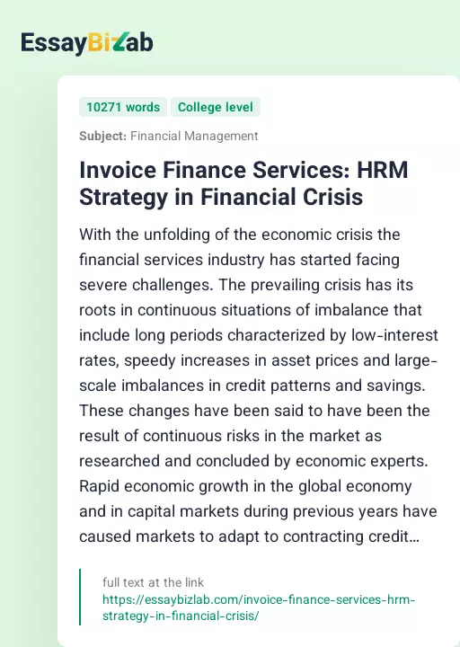 Invoice Finance Services: HRM Strategy in Financial Crisis - Essay Preview