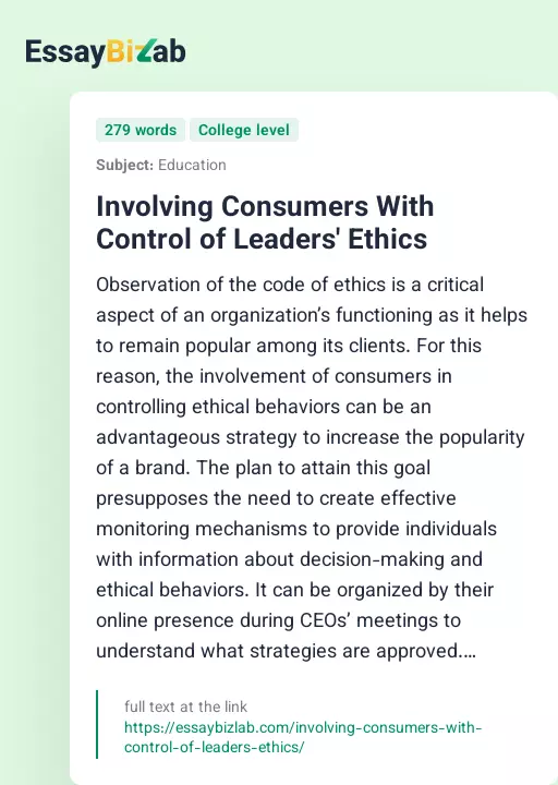 Involving Consumers With Control of Leaders' Ethics - Essay Preview