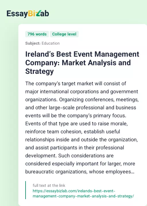 Ireland’s Best Event Management Company: Market Analysis and Strategy - Essay Preview