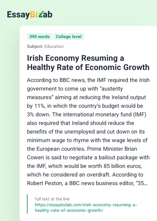 Irish Economy Resuming a Healthy Rate of Economic Growth - Essay Preview