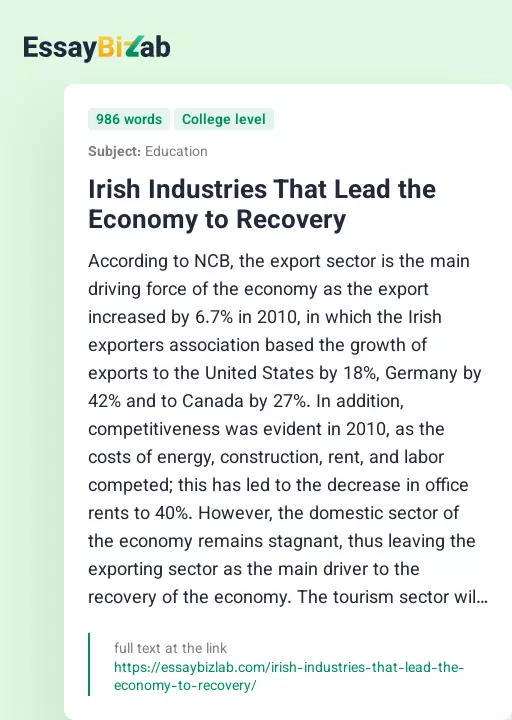 Irish Industries That Lead the Economy to Recovery - Essay Preview