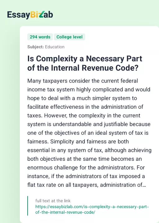 Is Complexity a Necessary Part of the Internal Revenue Code? - Essay Preview
