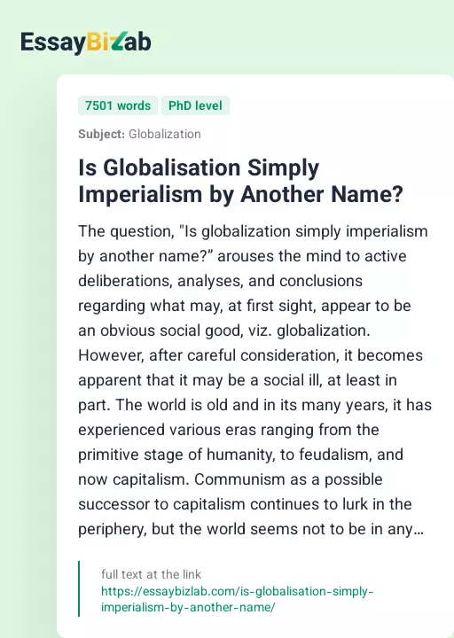 Is Globalisation Simply Imperialism by Another Name? - Essay Preview