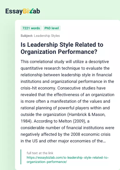 Is Leadership Style Related to Organization Performance? - Essay Preview