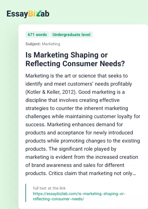Is Marketing Shaping or Reflecting Consumer Needs? - Essay Preview