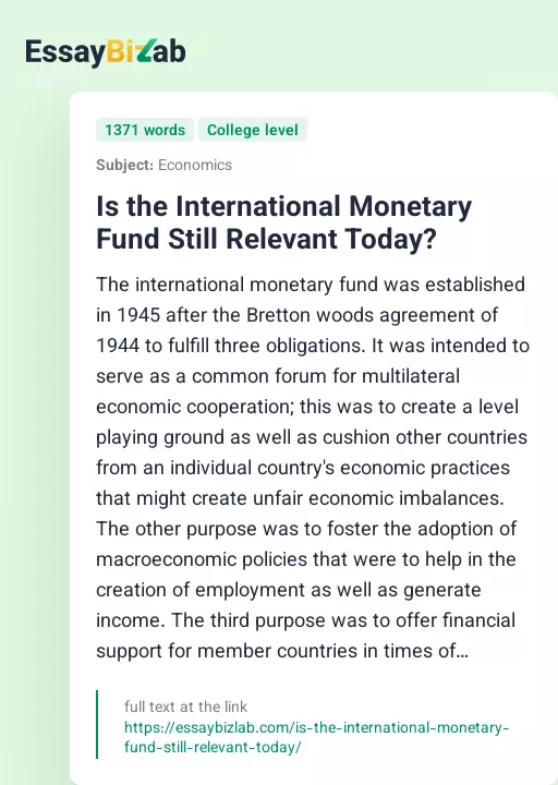 Is the International Monetary Fund Still Relevant Today? - Essay Preview