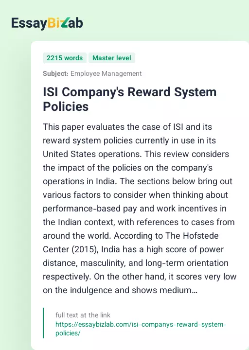 ISI Company's Reward System Policies - Essay Preview
