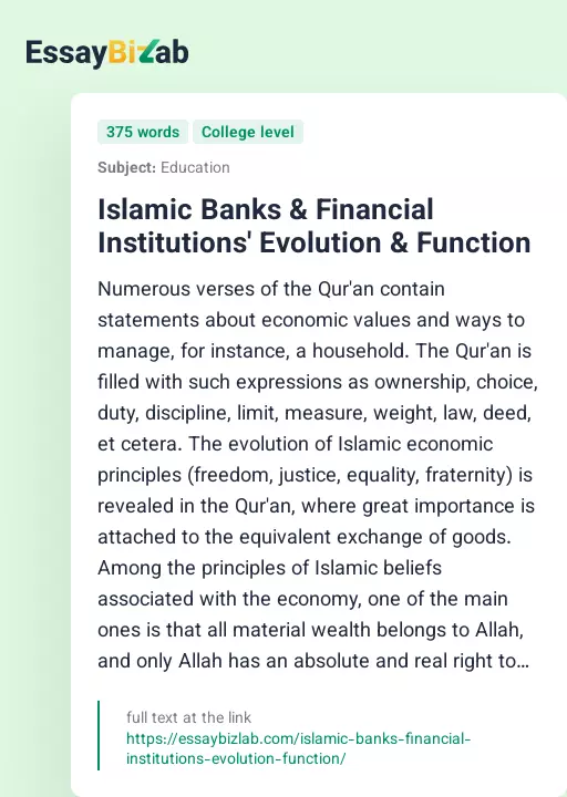 Islamic Banks & Financial Institutions' Evolution & Function - Essay Preview