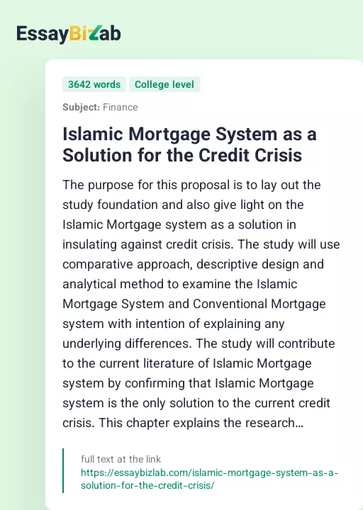 Islamic Mortgage System as a Solution for the Credit Crisis - Essay Preview