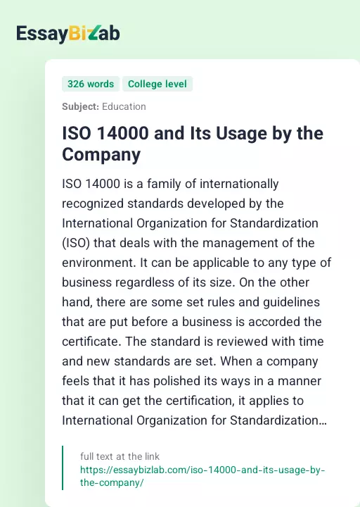 ISO 14000 and Its Usage by the Company - Essay Preview