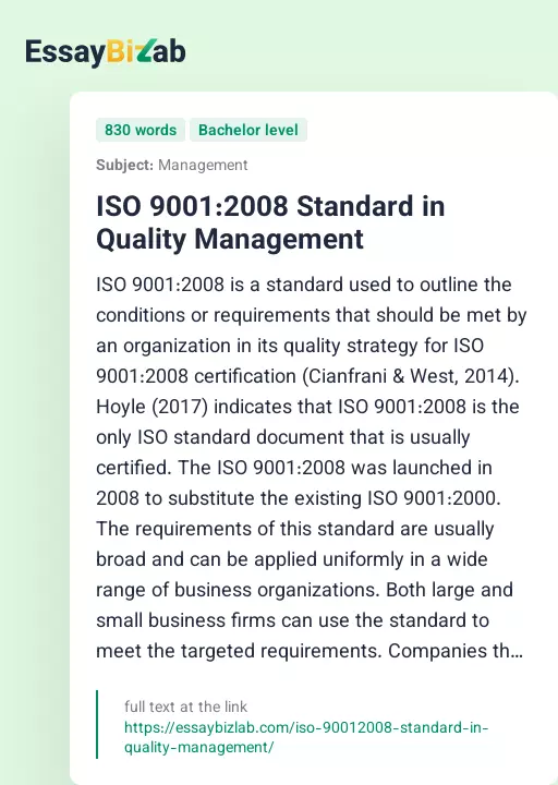 ISO 9001:2008 Standard in Quality Management - Essay Preview